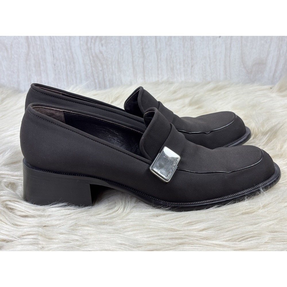 Via Spiga Loafer Pumps Womens 8.5M Brown Leather Italy Logo Block Heel Y2K